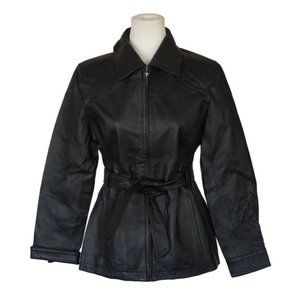 East 5th Black Leather Jacket Womens Size Petite Small Ties at Waist Zip Front